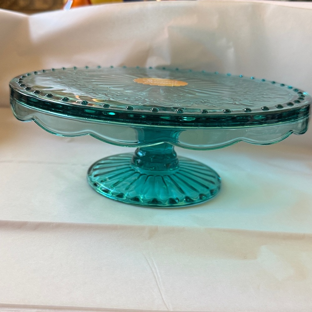 Pioneer Women Special Edition Cassie teal color glass cake stand - Picture 2 of 10
